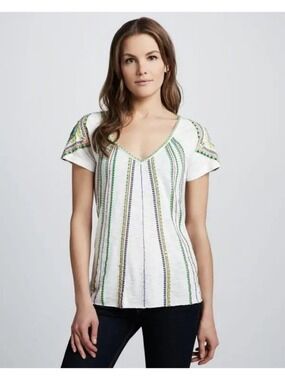 Free People White Multicolor Embroidered Boho V-Neck Short Sleeve Top Womens XS